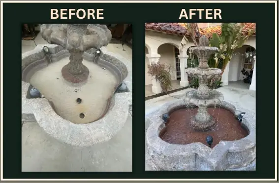 Before and after laser cleaning of an outdoor stone fountain in Hemet CA