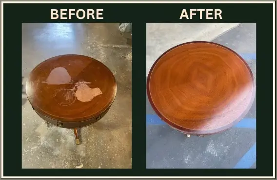 Antique wood side table restored after scented oil stain removal by laser cleaning