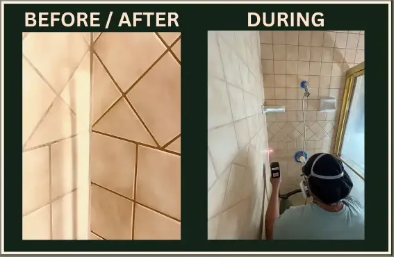 Shower tile grout cleaned to like-new condition using laser technology in Hemet CA
