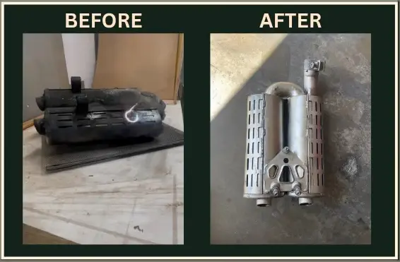 Laser soot removal from fire-damaged motorcycle parts in Redondo Beach CA