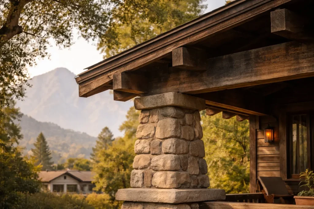 Historic craftsman home exterior with stone column and wood beams in Altadena CA — Green Bee Laser smoke and soot restoration