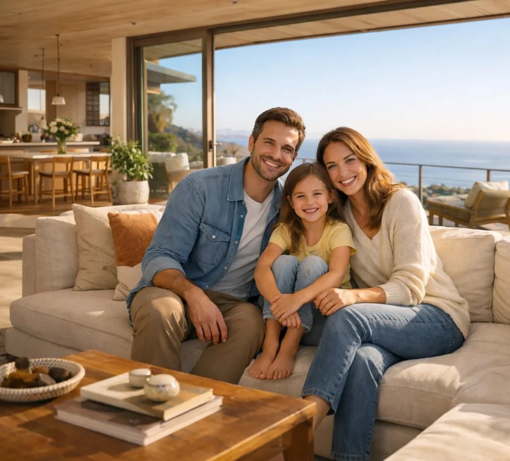 Happy family relaxing in a bright Malibu living room with ocean view — Green Bee Laser smoke and soot restoration services