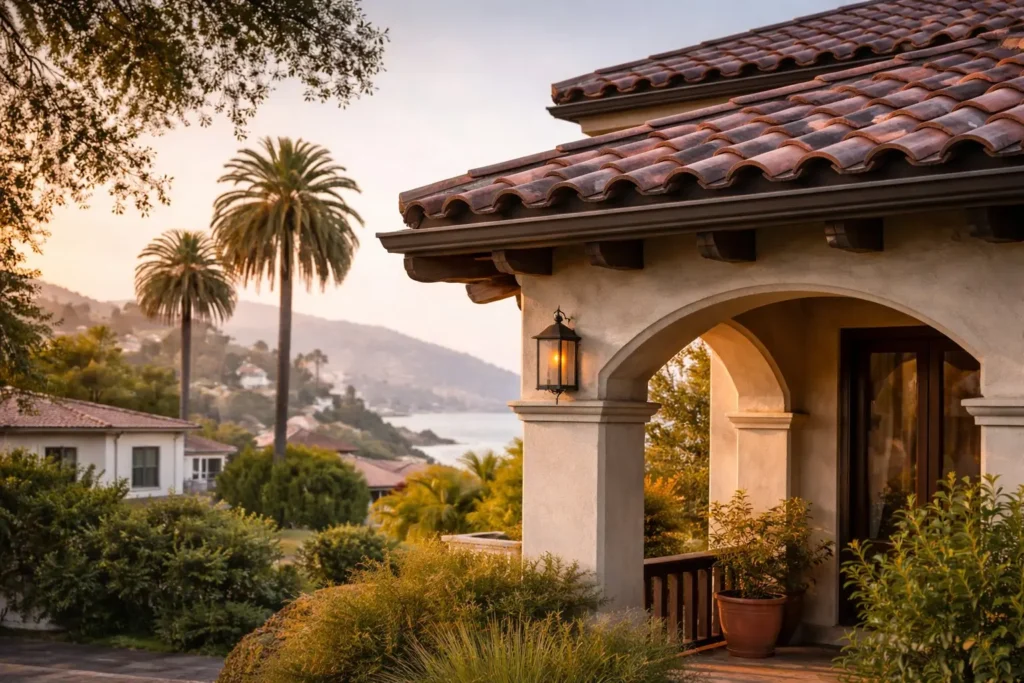 Spanish Colonial home exterior with clay tile roof and ocean view in Pacific Palisades CA — Green Bee Laser smoke and soot restoration
