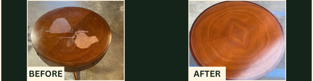 Before and after restoration of a stained wood side table in Manhattan Beach, CA. Laser cleaning removed the damaged finish without sanding or chemicals.