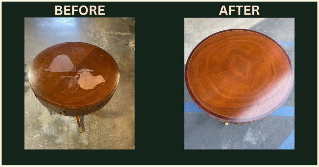 Before and after comparison of an antique round wood side table — stained, scraped, and worn finish on the left, fully restored to a glossy natural finish on the right, Manhattan Beach, CA