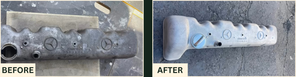 Before and after laser cleaning of a Mercedes-Benz valve cover in Gardena, CA. The left side is heavily oxidized and greasy; the right side is clean matte silver with a crisp embossed logo.