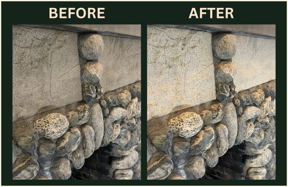 Before-and-after photos of a carved stone fireplace showing soot and grime removed by Green Bee Laser.
