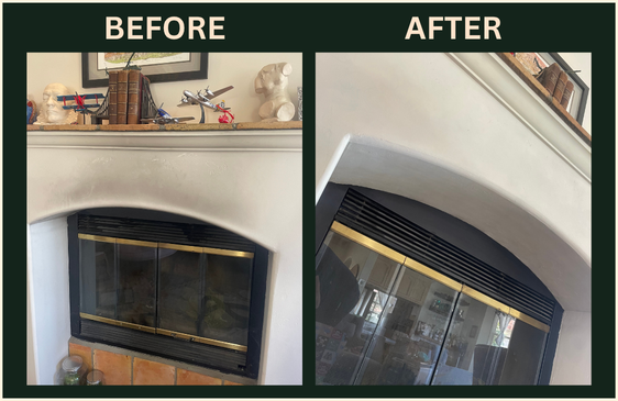 Before-and-after photos of a smoke-stained white fireplace mantel cleaned by Green Bee Laser