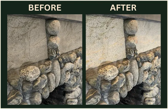 Before-and-after photos of a carved stone fireplace showing soot and grime removed by Green Bee Laser.