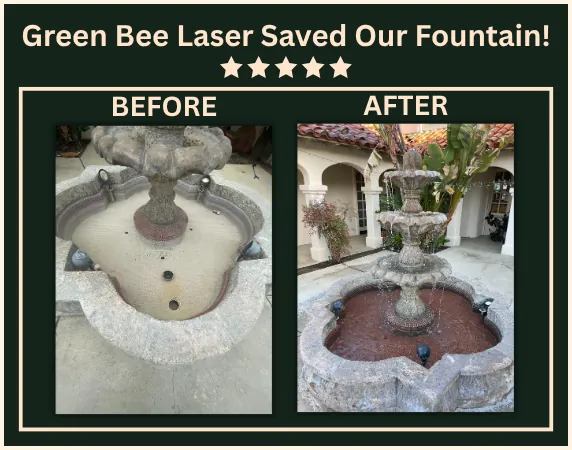 Before and after laser cleaning of an outdoor stone fountain in Hemet CA